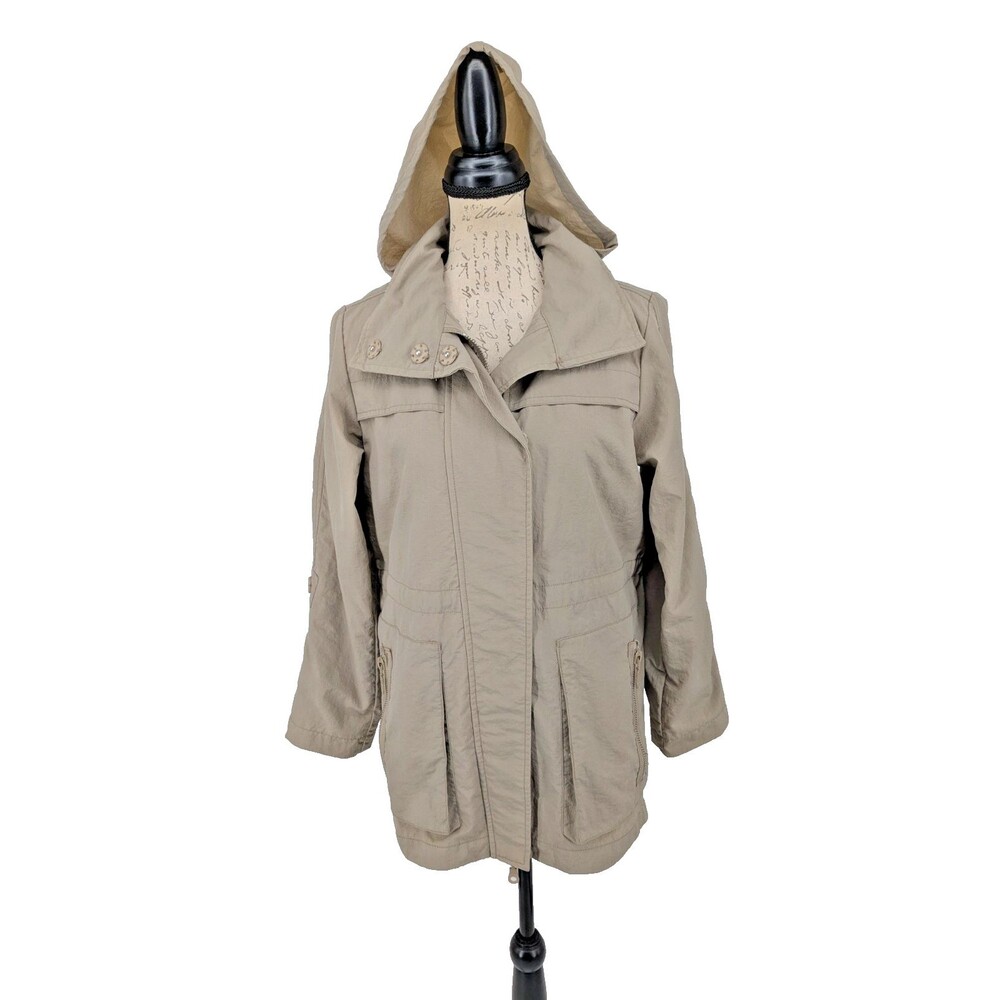 ANORAK Womens Jacket MEDIUM Tan 100% Nylon Zip Hood Transitional Excellent